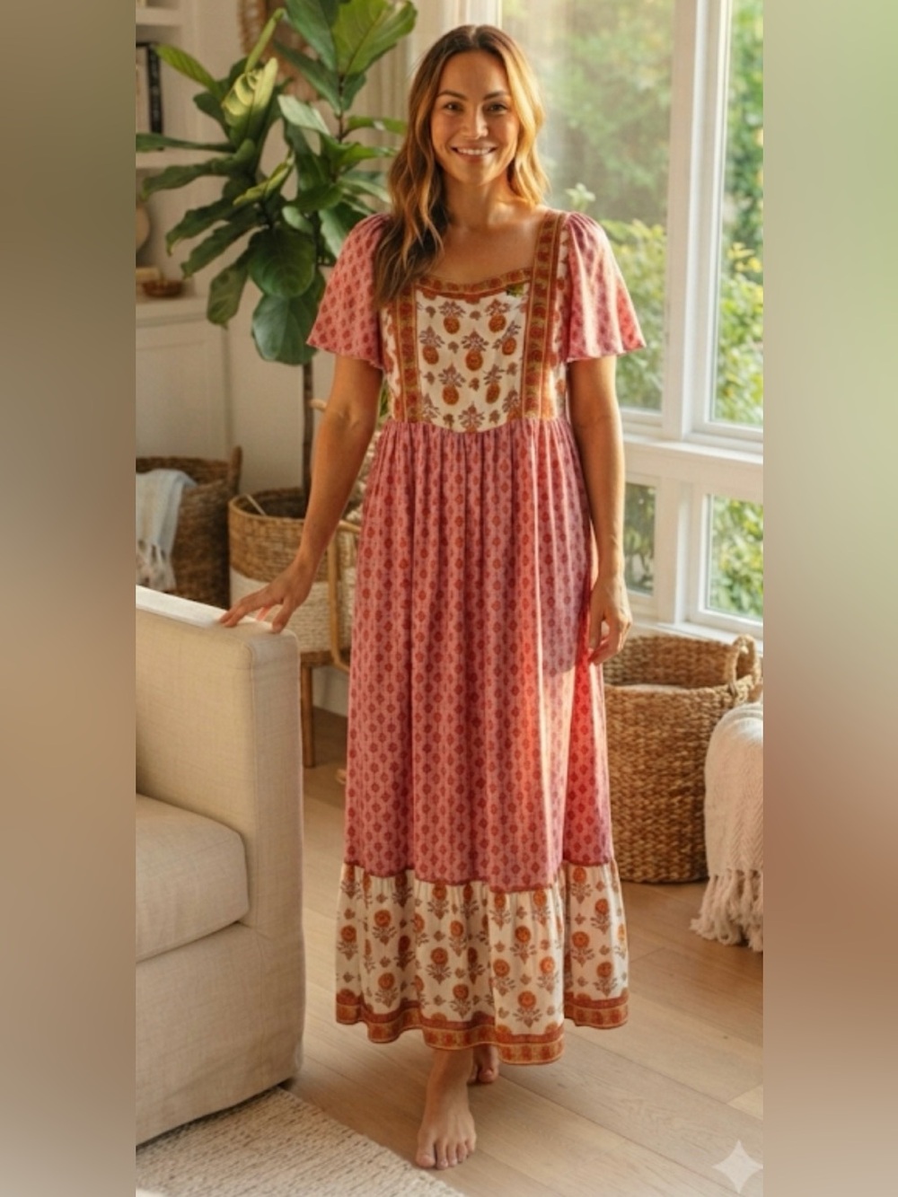 Boho Pink Floral Patchwork Smocked Back Flutter Sleeve Maxi Dress